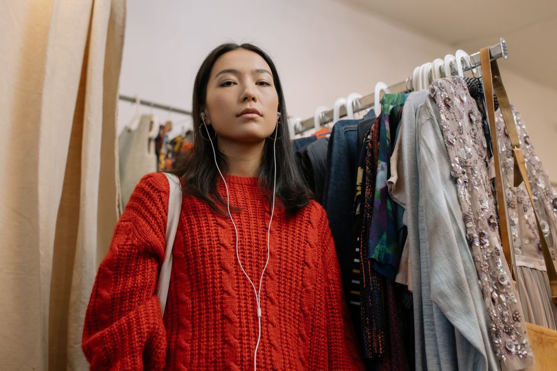 Woman in a red knitted sweater